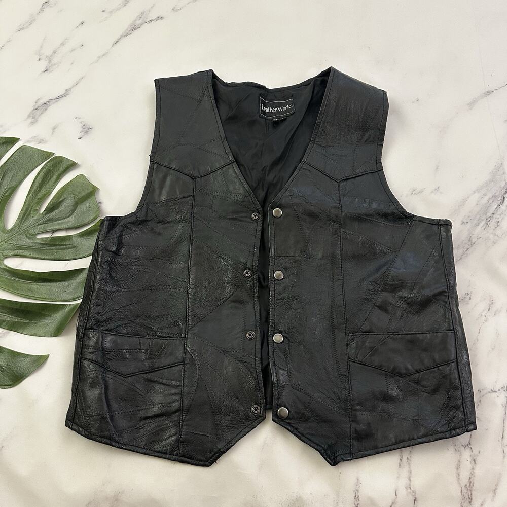 Leather Works Mens Vintage 90s Patchwork Vest Size L Black Snaps Moto Biker